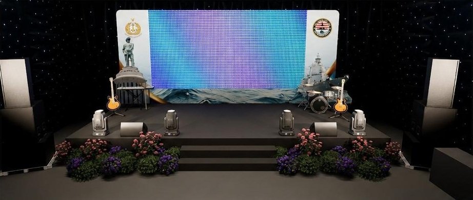 Corporate stage with LED screen, lighting and event decorations
